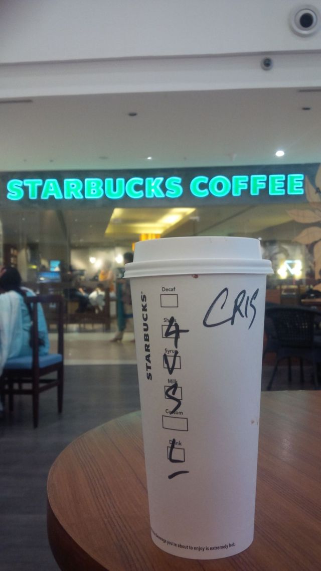 What do I order? Quad venti soy vanilla latte.  Looks like my drink in any other country.  Even spell my name right (phonetically, anyway).  Sadly, the coffee sucks.  I expected an average drink, like every other Starbucks provides.  Nope, it sucked. Had to nix it. My buddy Mohan got me a straight four shot espresso.  Blah... dumped it.  Starbucks in India failed on the most critical part of their delivery.