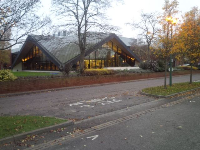 University of Nottingham - Kings Meadow Campus.  We're going somewhere in there. This odd shaped thing is the cafeteria.