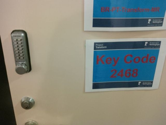 Secure door, with convenient access to security code.