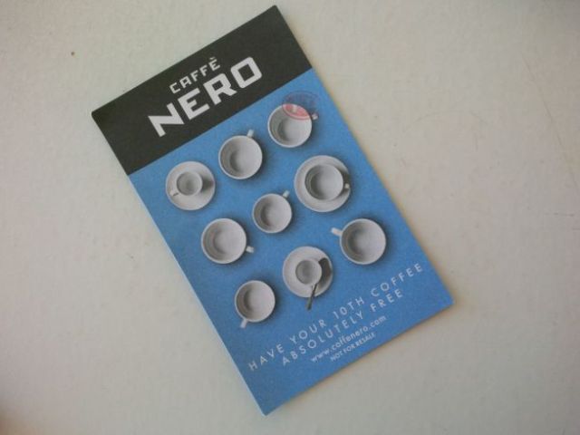 And so ends another UK adventure.  According to this Caffe Nero card, it seems I simply must go back.  At least for my eight more espresso and the free tenth :-)  Cheers!!!!