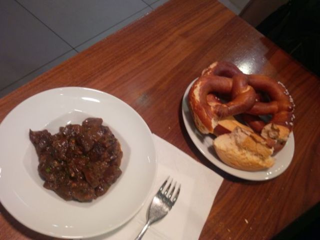 Pretzels and vegetarian tempeh stir fry.