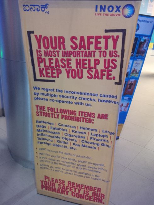 Then off to a Telegu movie with Goutham. I had a reason for finding this warning sign at the theater interesting, but now that I read it again I have no recollection of what 'twas!